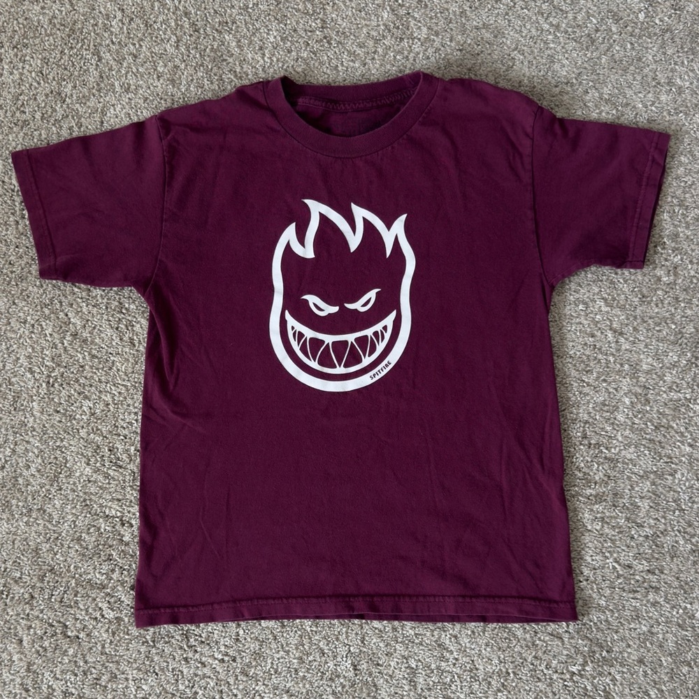 SPITFIRE Wheels BOYS Logo Graphic T-Shirt Tee Maroon Skateboard size youth Large